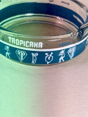 Vintage Glass Ashtray Tropicana Casino, Las Vegas, Blue Graphics, 3.5” 1960-70s